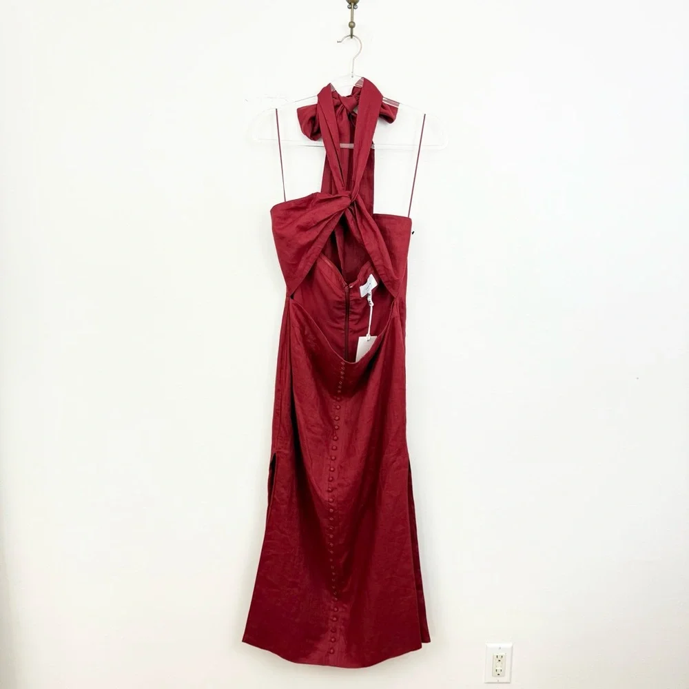 Joslin Studio Danielle Linen Midi Dress Cherry Red Cutout Halter NWT Size 10 - Picture 2 of 6